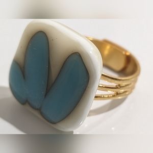 Artisan Handmade glass statement ring, blue and white gold plated. Adjustable